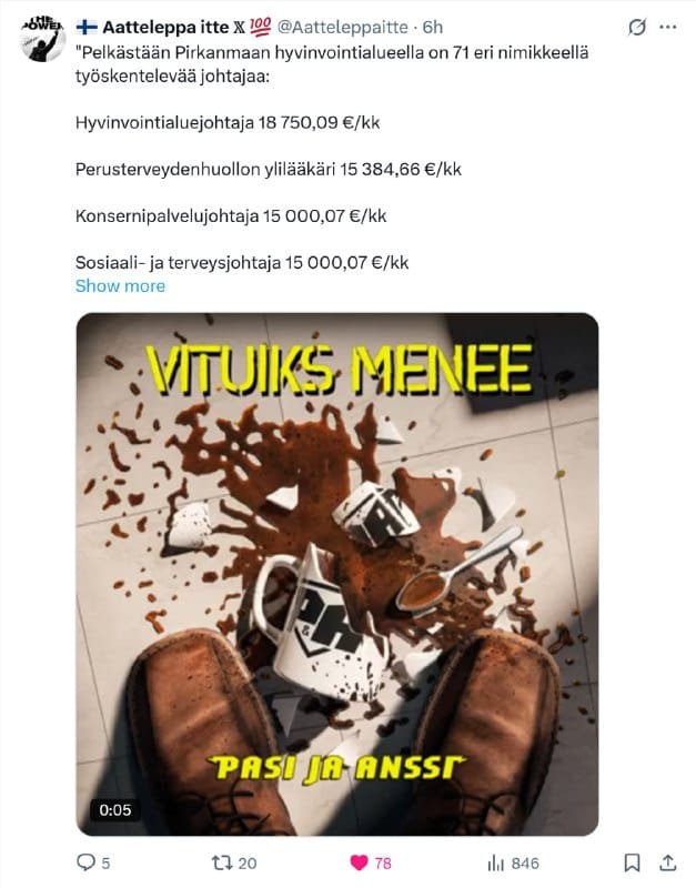Sote korruptio-himmeli tuo hyvinvointia ainoastaa omalle kovapalkkaiselle johdolleenhttps://x.com/Aatteleppaitte/status/1912710052151960046