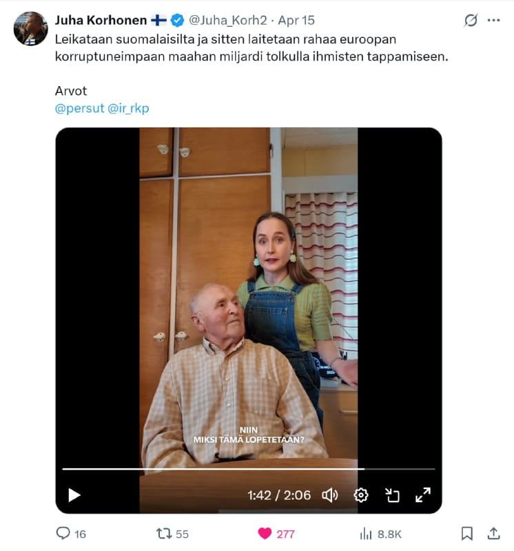 Suomen vanhusten hoidon rahat leikataan armotta Ukrainan rahanpesuun ja