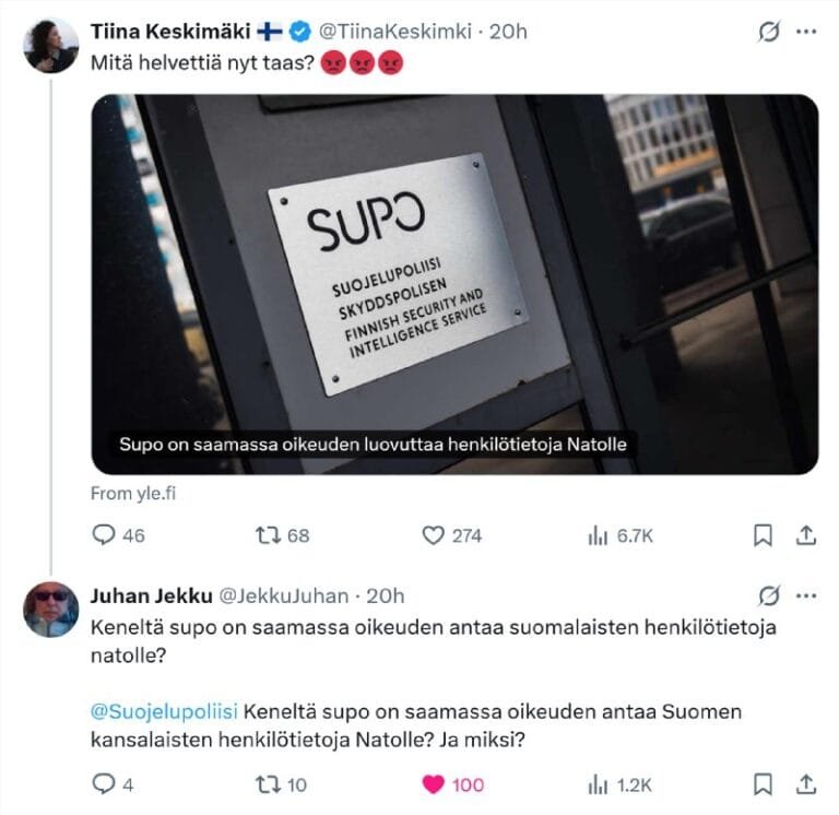 Keneltä Supo on saamassa oikeuden antaa suomalaisten henkilötietoja Natolle?https://x.com/JekkuJuhan/status/1912509209037398017
