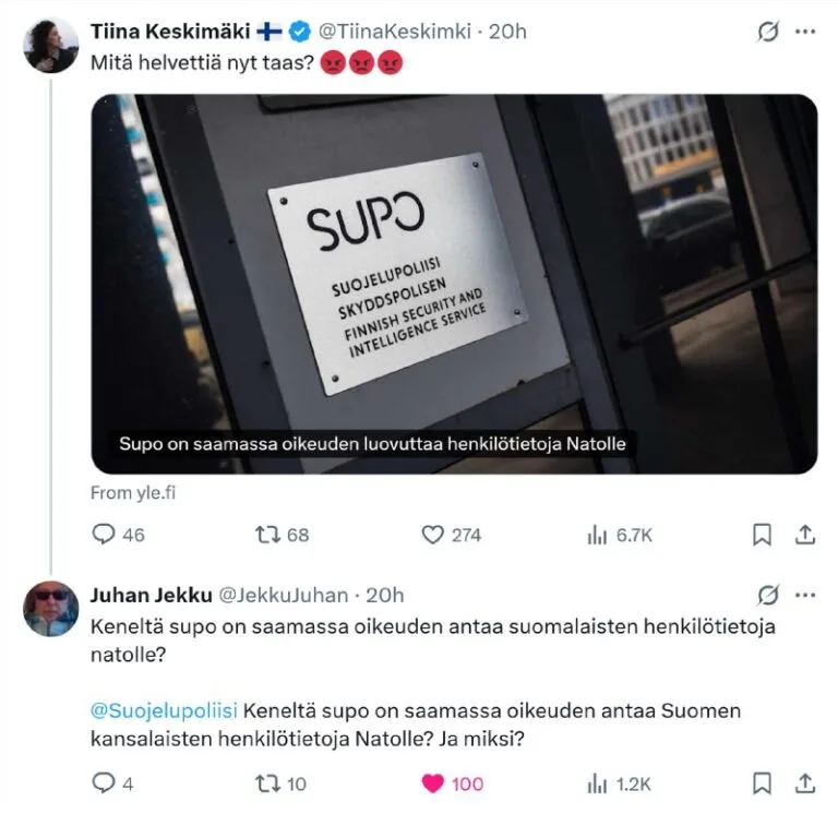 Keneltä Supo on saamassa oikeuden antaa suomalaisten henkilötietoja Natolle?https://x.com/JekkuJuhan/status/1912509209037398017